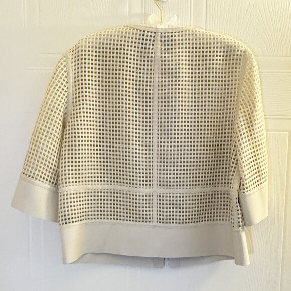 Lafayette 148 Beige Mesh Grid & Faux Leather Evening Jacket, Size M - Picture 2 of 7